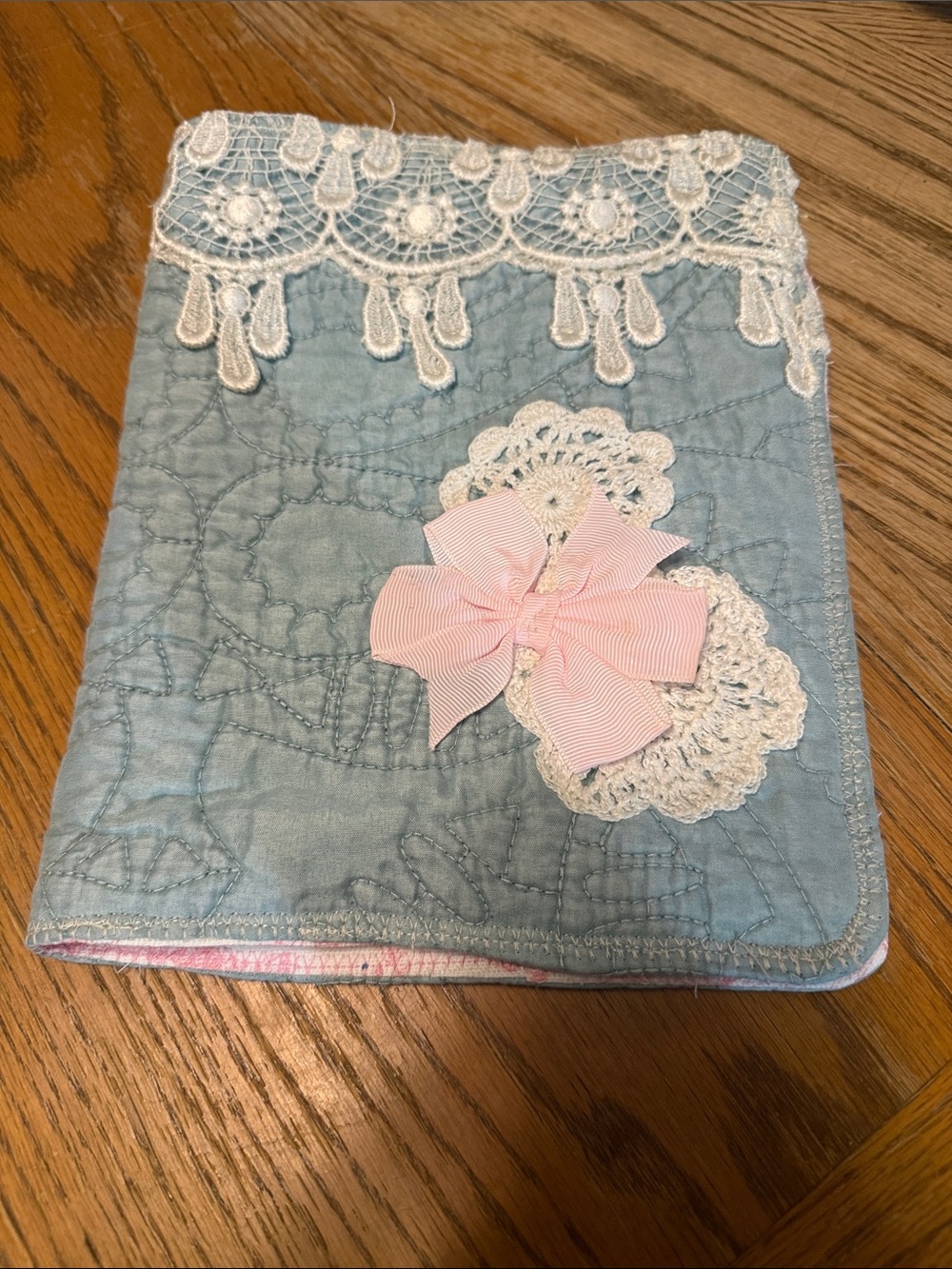 Carter's Quilted Light Blue Bible Sleeve with Pink Bow and Lace Trim